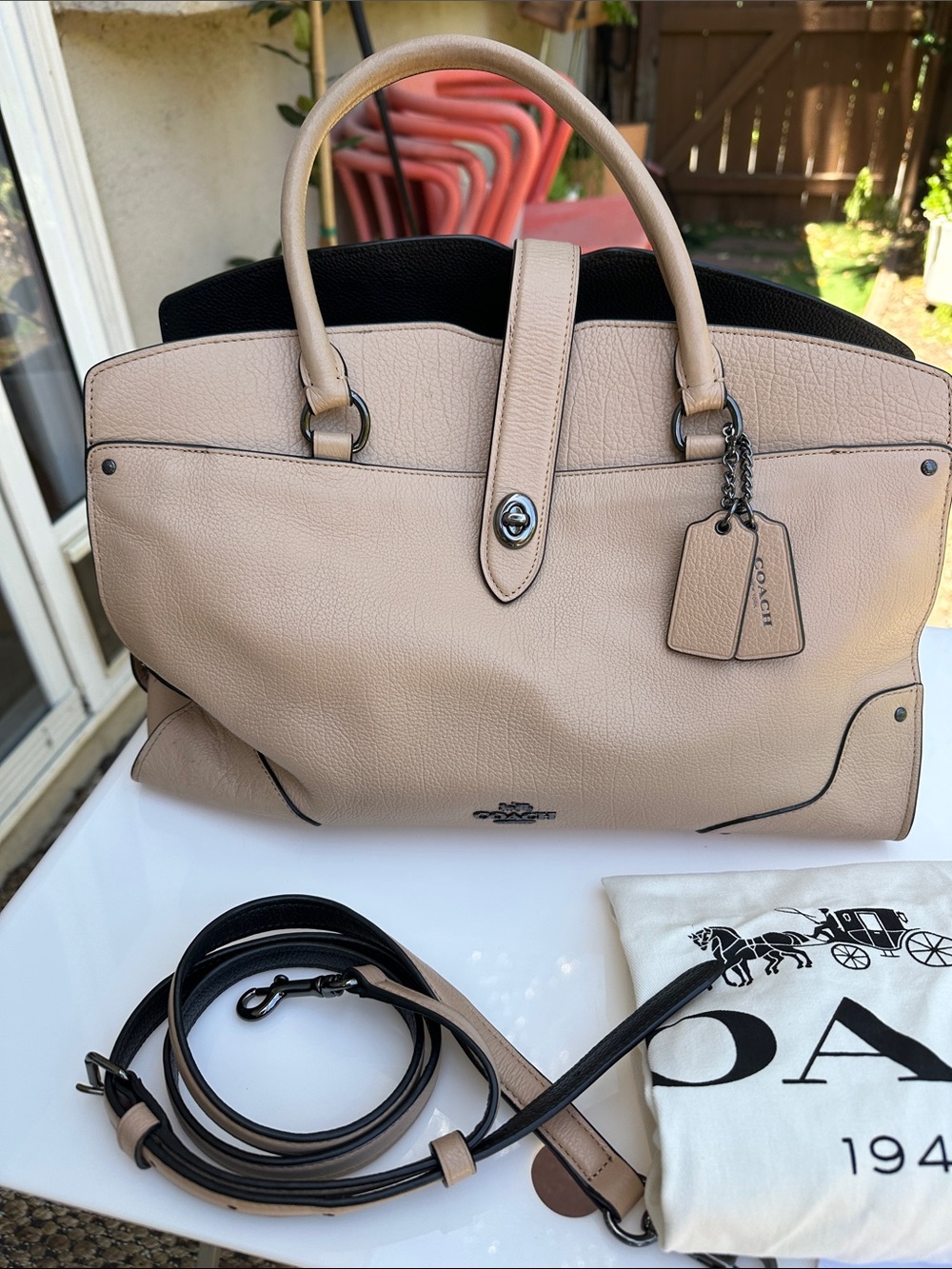 Coach Taupe Pebbled Leather Tote with Black Trim